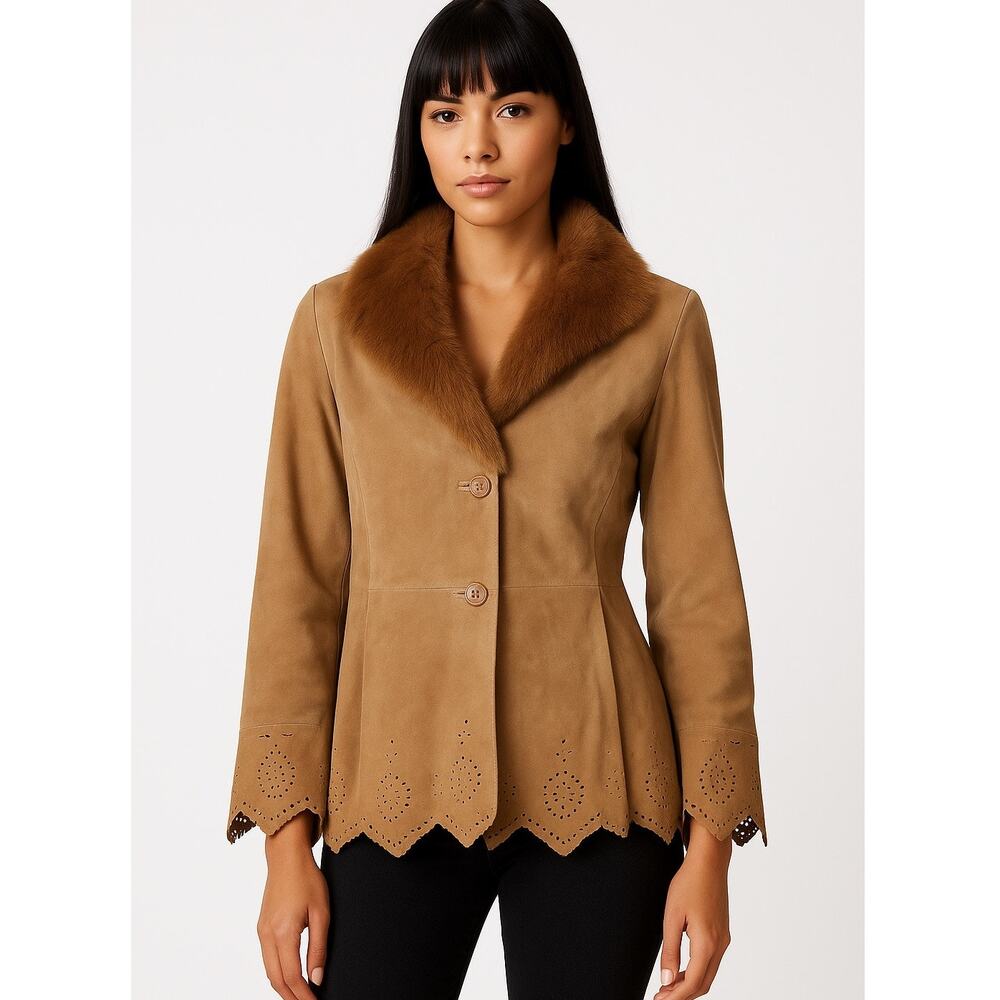 Y2K Dennis Basso Leather Jacket Faux Fur Collar Scalloped XS